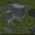 Modern Multi story Industrial Factory With Glass Curtain Wall And Water Feature Surrounded By Greenery