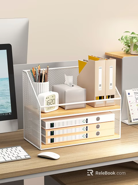 Organized Home Office Desk With Metal File Rack Stationery Clock And Books 3d model 