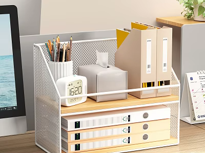 Organized Home Office Desk With Metal File Rack Stationery Clock And Books 3d model