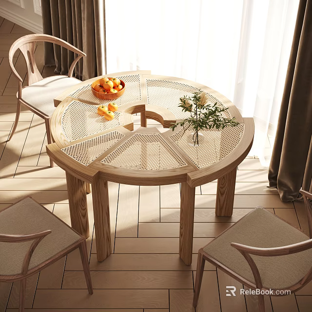 Round Wooden Dining Table Set With Perforated Design Chairs Fruit Bowl And Flower Vase 3d model 