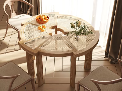 Round Wooden Dining Table Set With Perforated Design Chairs Fruit Bowl And Flower Vase 3d model