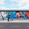 Vibrant Cartoon Mural Wall With Colorful Art And People Taking Photos Under Blue Sky
