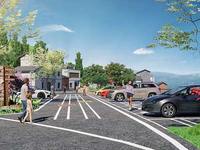 Scenic Garden Landscape With Parking Area Trees People Houses And Blue Sky 3d model