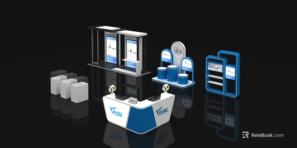 Modern Exhibition Display Shelves with Double Screen Cabinets Blue White Design and Promotional Racks 3d model 