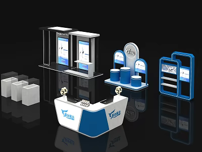 Modern Exhibition Display Shelves with Double Screen Cabinets Blue White Design and Promotional Racks 3d model