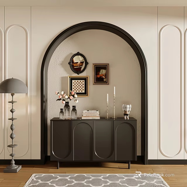 Modern Black Entryway Cabinet Sideboard in Elegant Entryway with Decorative Vases Candles And Photo Frames 3d model 