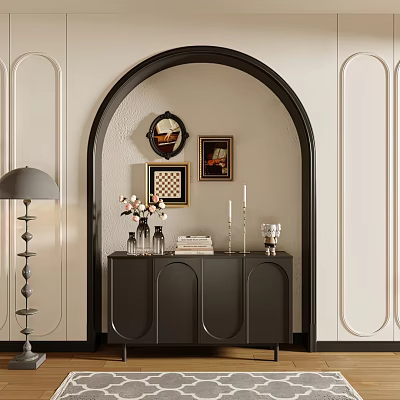 Modern Black Entryway Cabinet Sideboard in Elegant Entryway with Decorative Vases Candles And Photo Frames 3d model