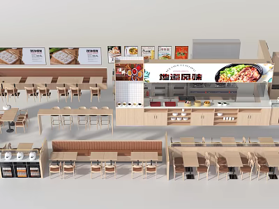 Modern Restaurant Interior With Tables Chairs Order Counter Menu Display And Food 3d model