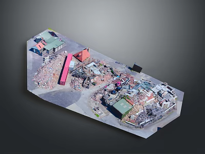Aerial Scenic View of Ruined Building Area With Colored Roofs and Rubble 3d model
