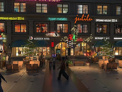 Vibrant Commercial Street Scene at Night with Shopfronts Pedestrians Outdoor Seating and Colorful Lights 3d model