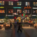 Vibrant Commercial Street Scene at Night with Shopfronts Pedestrians Outdoor Seating and Colorful Lights