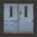 Rusted Blue Double Doors With Glass Panels Red Sign And Warning Stripes