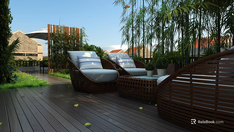 Relaxing Courtyard Garden Design With Wicker Furniture Wooden Deck And Bamboo Greenery 3d model 