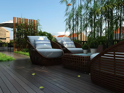 Relaxing Courtyard Garden Design With Wicker Furniture Wooden Deck And Bamboo Greenery 3d model
