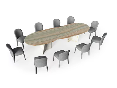 Oval Dining Table Set With Wooden And Marble Top And Eight Gray Chairs 3d model