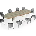 Oval Dining Table Set With Wooden And Marble Top And Eight Gray Chairs