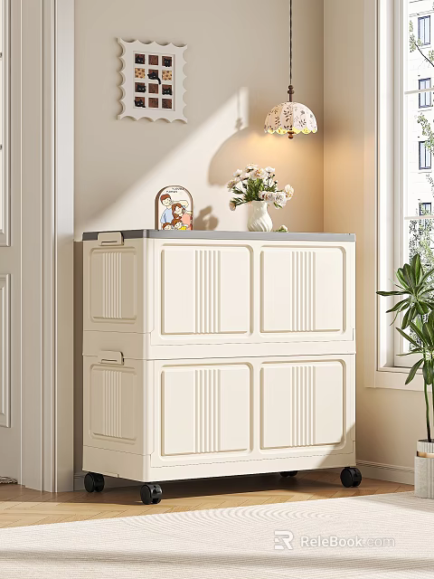 White Modern Refrigerator Cabinet With Drawers And Doors In Room Interior Near Window And Plant 3d model 