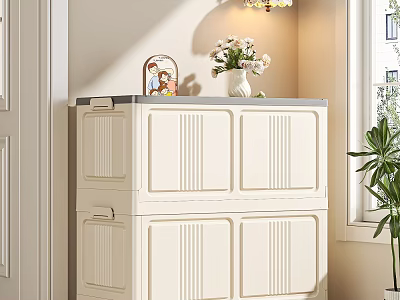 White Modern Refrigerator Cabinet With Drawers And Doors In Room Interior Near Window And Plant 3d model