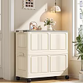 White Modern Refrigerator Cabinet With Drawers And Doors In Room Interior Near Window And Plant