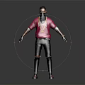 Man Wearing Red T Shirt Black Mask Gold Necklace Ripped Jeans And Sandals Standing