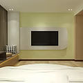 Hotel Guest Room Featuring Round Bed White Bedding Colorful Walls Wooden Flooring And Decorative Painting