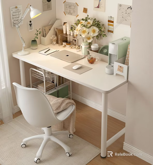 Cozy White Desk with Desk Lamp Laptop Mouse Vase Flowers Stationery White Chair with Blanket 3d model 