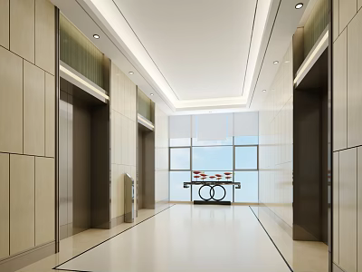 Modern Elevator Lobby With Beige Tiled Walls Polished Floor And Recessed Lighting 3d model