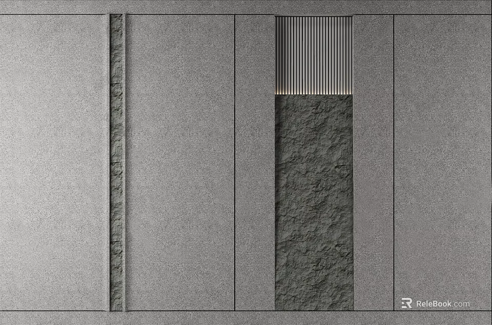 Modern Gray Sofa Backdrop Wall With Vertical Slats And Stone Texture 3d model 