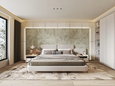 Modern Bedroom Interior Design With Green Textured Accent Wall King Size Bed And Wardrobe 3d model