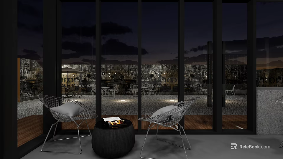Modern Restaurant Outdoor Terrace With Large Windows City Night View Two Chairs And Fire Pit 3d model 