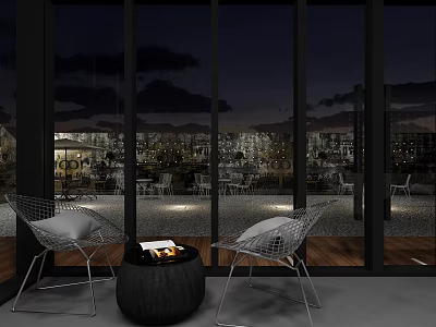 Modern Restaurant Outdoor Terrace With Large Windows City Night View Two Chairs And Fire Pit 3d model