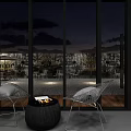 Modern Restaurant Outdoor Terrace With Large Windows City Night View Two Chairs And Fire Pit