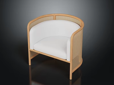 Modern Rattan Accent Chair With Wooden Frame And Plush White Cushion 3d model