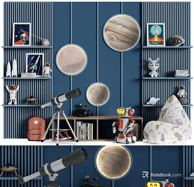 Adorable Plush Doll in Space Themed Room with Astronaut Toys and Telescope 3d model 