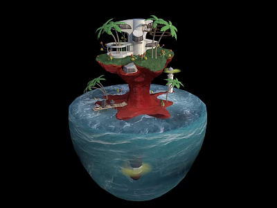 Cartoon Scene Featuring Tropical Island House Palm Trees Small Boat And Water 3d model