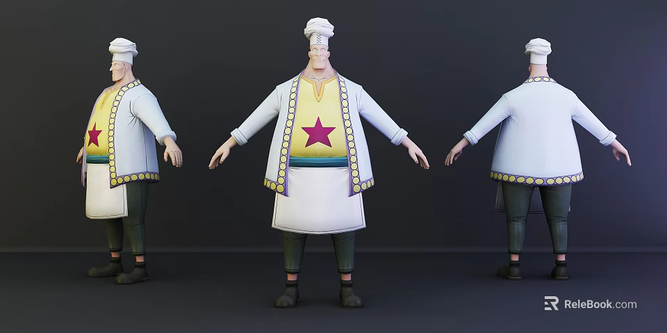 Cartoon Game Chef Character with White Hat Yellow Top Red Star White Apron Three Views 3d model 