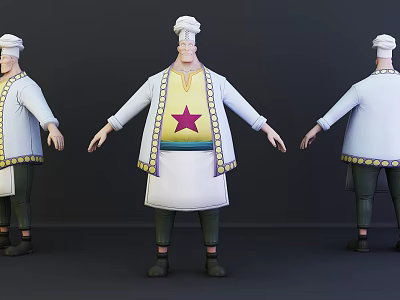 Cartoon Game Chef Character with White Hat Yellow Top Red Star White Apron Three Views 3d model