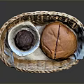 Wicker Basket With Fresh Baked Bread And Red Jam On Black Surface 3d model