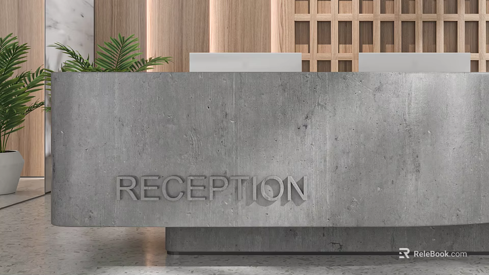 Gray Concrete Reception Desk With Engraved RECEPTION Sign Wooden Wall Panels And Green Plant 3d model 