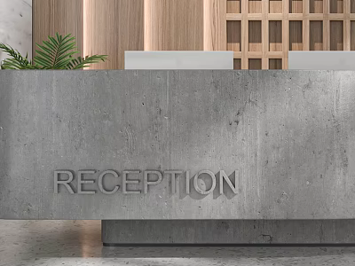 Gray Concrete Reception Desk With Engraved RECEPTION Sign Wooden Wall Panels And Green Plant 3d model