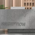 Gray Concrete Reception Desk With Engraved RECEPTION Sign Wooden Wall Panels And Green Plant