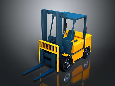 Yellow And Blue Industrial Forklift With Front Forks Cabin And Wheels 3d model