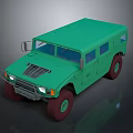 Green Military Off Road Vehicle With Roof Headlights And Red Tires
