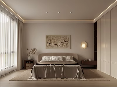 Minimalist Modern Bedroom Interior With Bedside Wall Art Large Window And Wardrobe 3d model