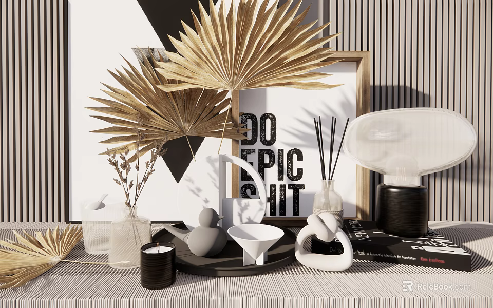 Decorative Ornament Set With Golden Palm Leaves Black White Painting Ceramic Ornaments Diffuser And Candle 3d model 