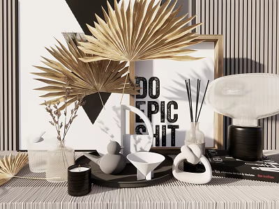 Decorative Ornament Set With Golden Palm Leaves Black White Painting Ceramic Ornaments Diffuser And Candle 3d model