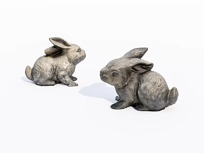 Two Gray Sitting Rabbit Dolls As Decorative Figurines On White Background 3d model