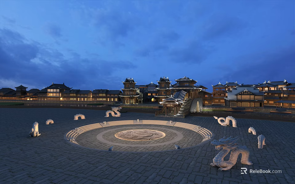 Traditional Ancient Architectural Complex With Circular Square And Dragon Sculptures At Night 3d model 