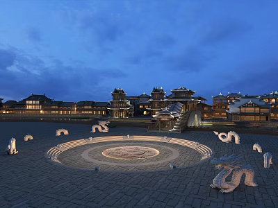 Traditional Ancient Architectural Complex With Circular Square And Dragon Sculptures At Night 3d model