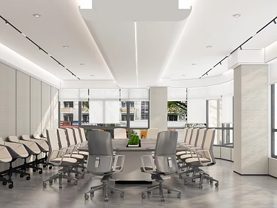 Minimalist Modern Conference Room Interior With Long Table Multiple Chairs And Floor to Ceiling Windows 3d model